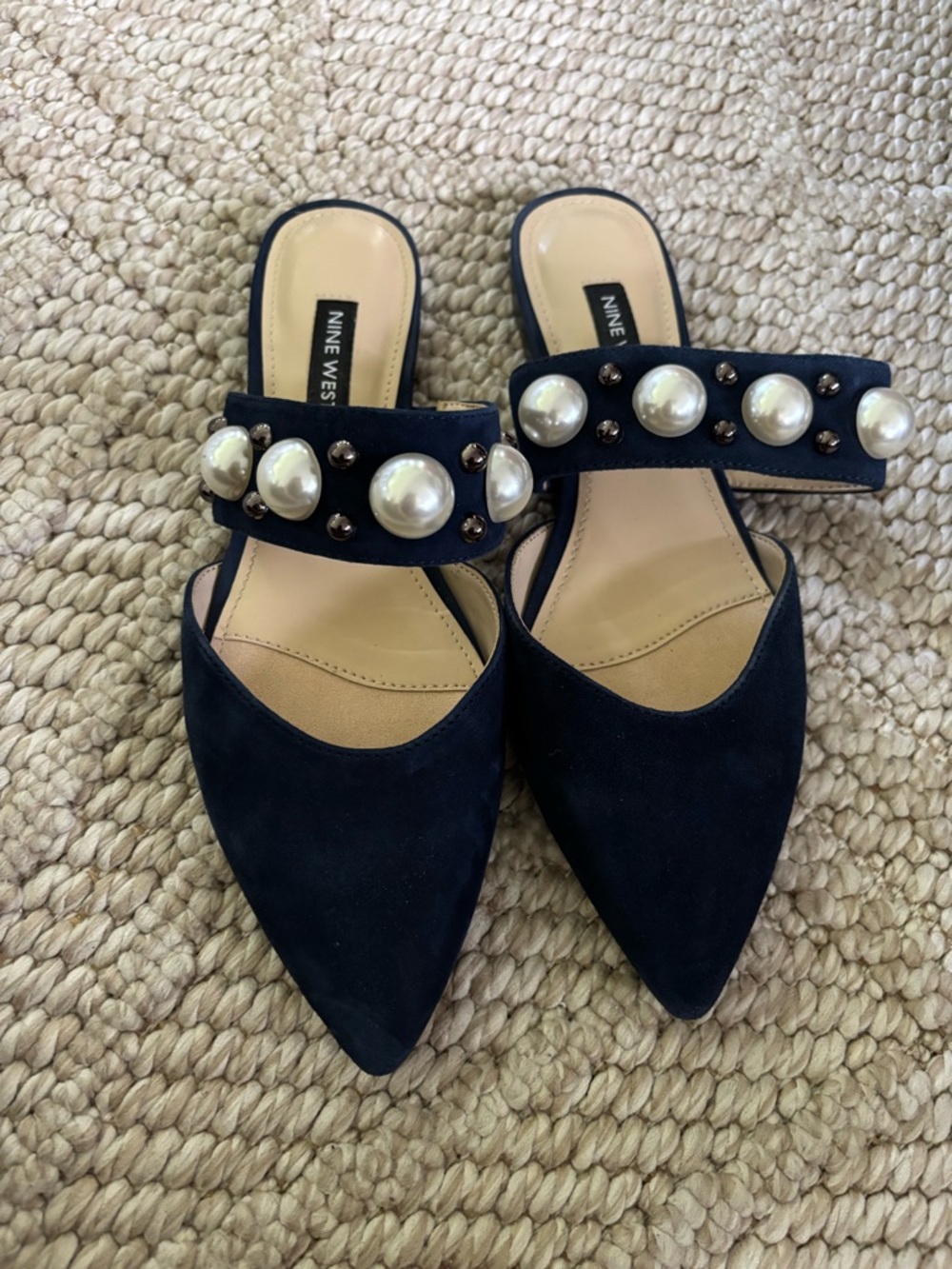 Nine West Navy Pearl-Stud Pointed Toe Slide Mules